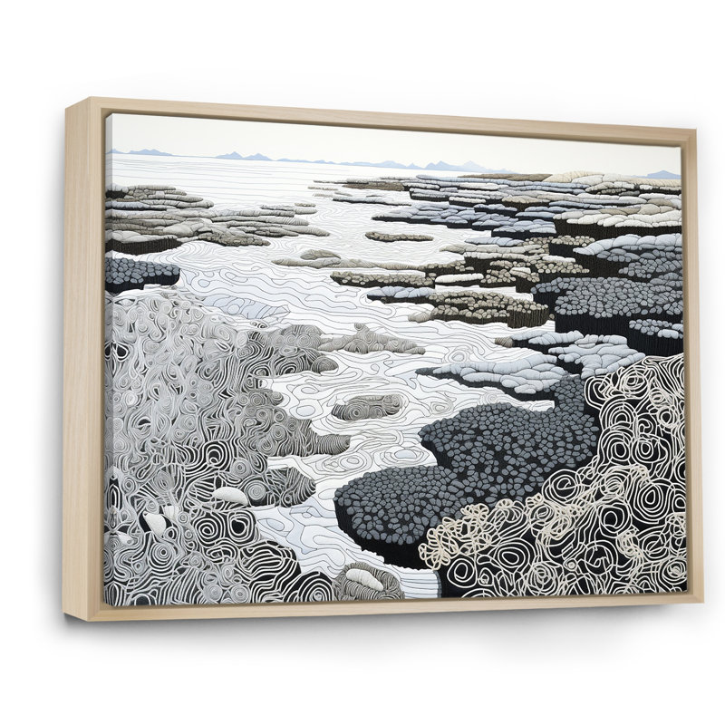 Gris abstrait paysage - plage et océan, reproductions d'art mural, Cadre naturel flottant, H 30 po x l 40 po x P 1,5 po