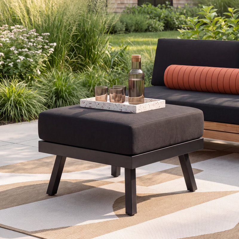 Armando Upholstered Outdoor Ottoman, Black Sunbrella®, Black