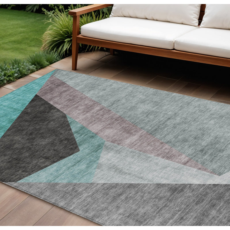 Tapis extérieur lavable abstrait bleu sarcelle et anthracite 10 pi x 14 pi bleu sarcelle