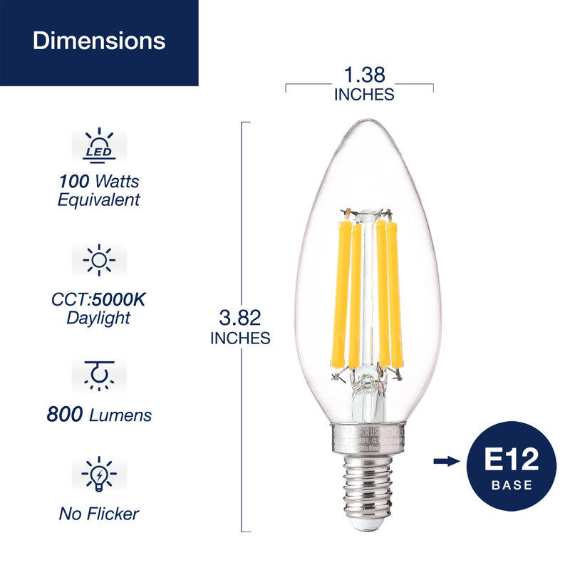 Ampoules à DEL à intensité variable B11, 5,5 W (équivalent à 100 W), 800LM, lumière du jour 5000K, base E26, ampoules transparentes