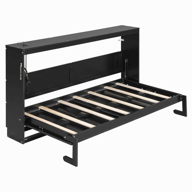 Lit escamotable moderne pliant sur le côté avec motif imprimé tendance, éclairage DEL sous le lit et prise USB intégrée, Noir