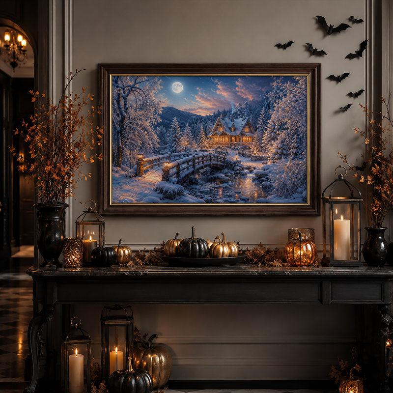 Cabane d'hiver avec fenêtres illuminées et pont en bois - Toile murale d'Halloween, H 12 po x l 18 po