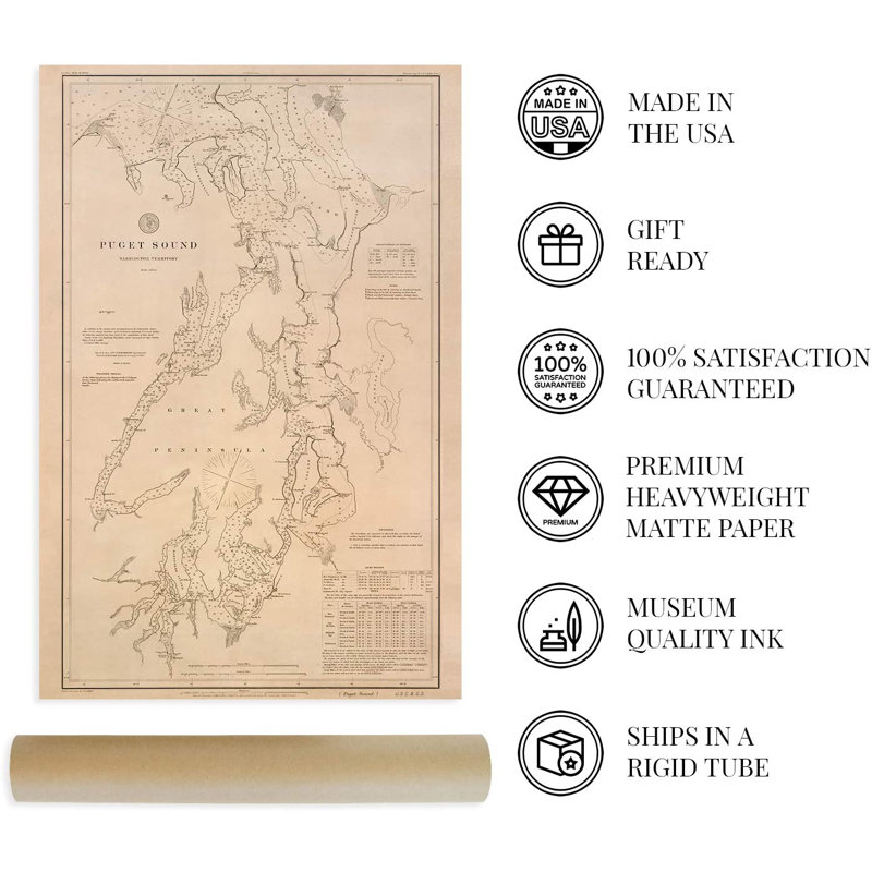 1889 Puget Sound Map, affiche sur papier, H 36 po x l 24 po x P 0,1 po