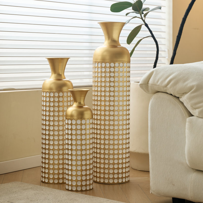 Ensemble de 3 grands vases de plancher en laiton antique et métal blanc pour le salon