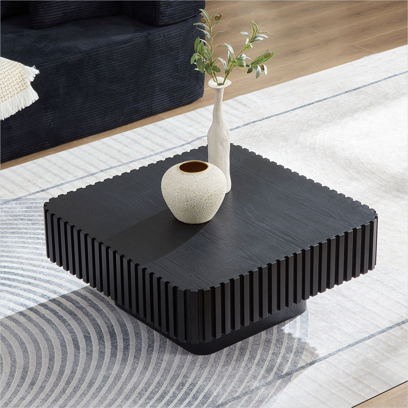 Table basse carrée cylindrique pour le salon, noir élégant, surface en placage de bois, base à piédestal, 31,5 pouces