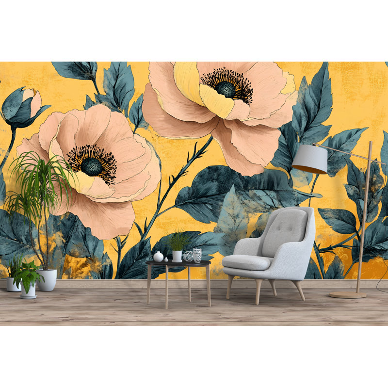 Papier peint floral «Bold» surdimensionné jaune pivoine, L 165 po x l 120 po, Texture de toile de luxe