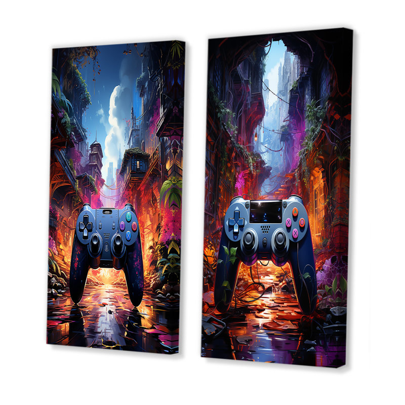 Contrôleur de jeu vidéo Neon Haven I - ensemble de 2 décorations murales de jeux vidéo, H 28 po x l 25 po, Toile tendue