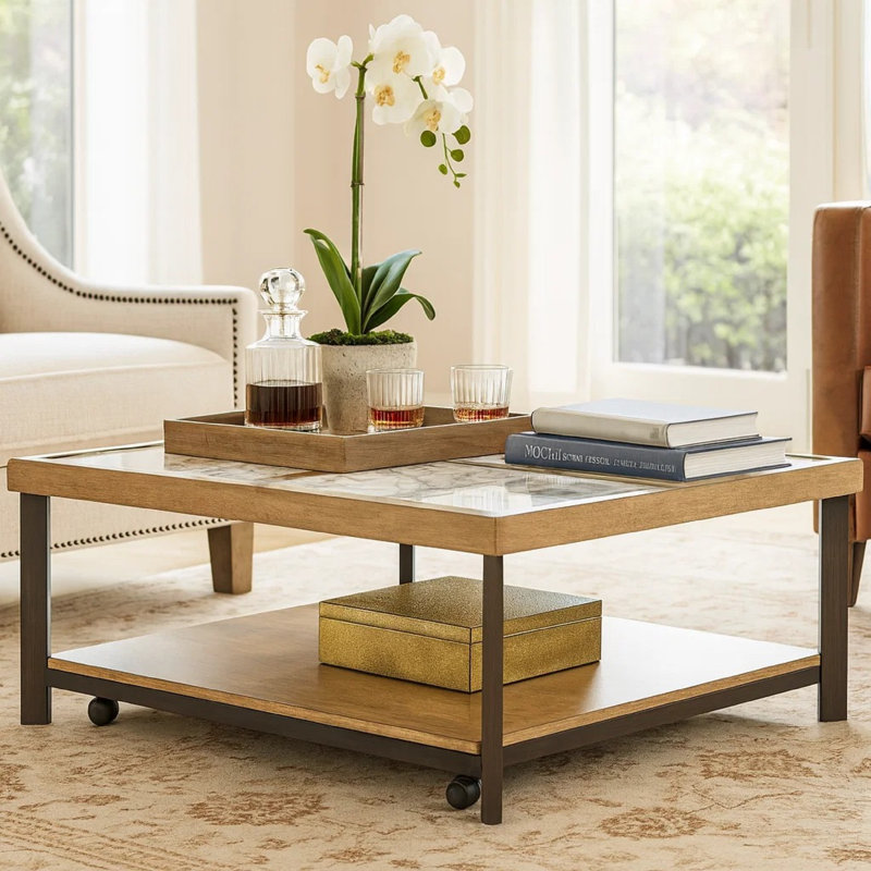 Table basse Tey avec roulettes, carré de 48 pouces, pierre frittée, brun