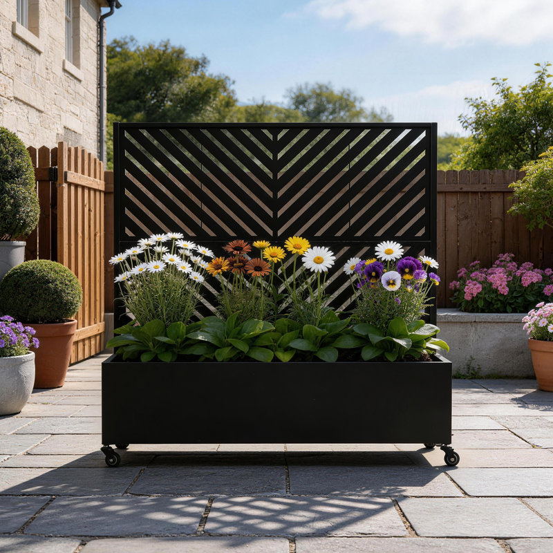 Metal Planter Box with Trellis and Wheels, 47.2" H x 47.2" W x 15.7" D