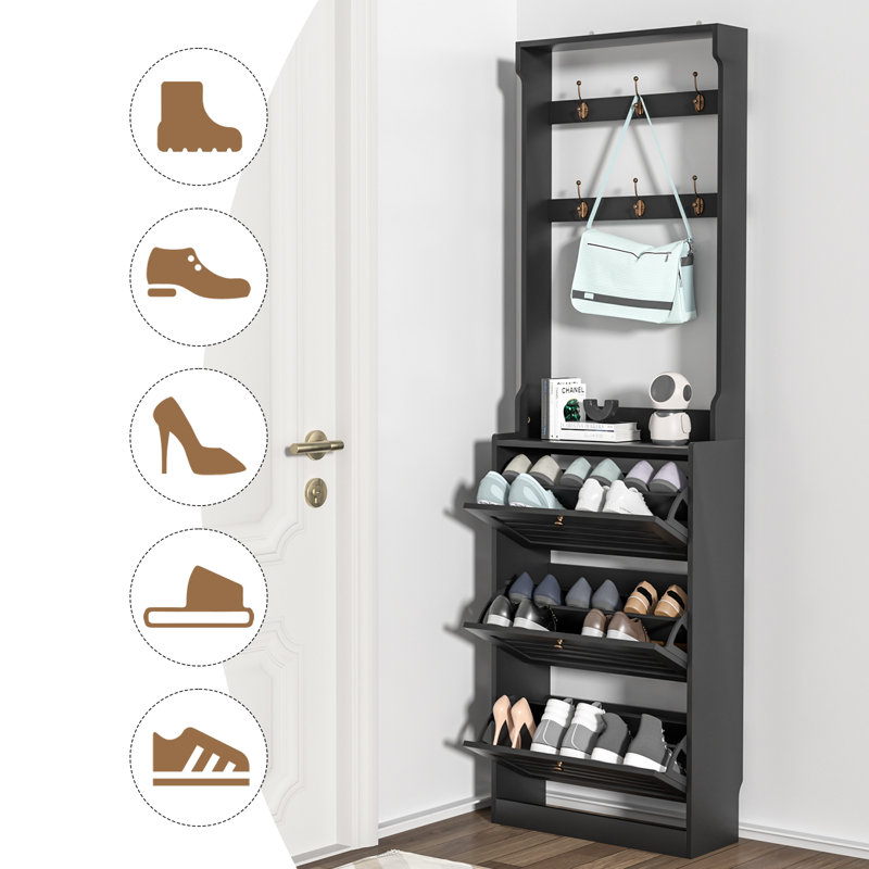 Kahl 78.7"H Flip Down Shoe Storage  with 3 Flip Drawer, Black