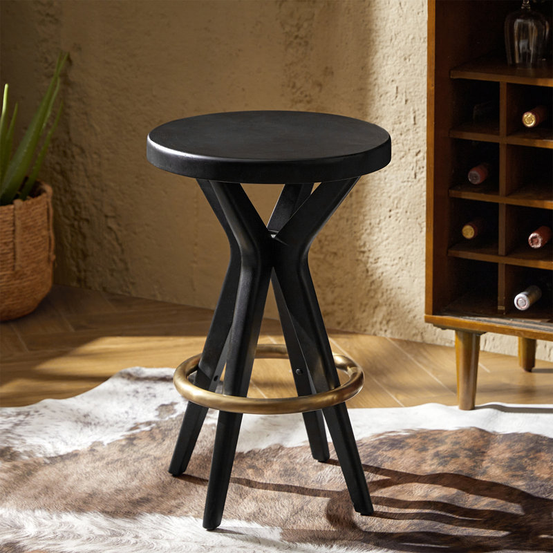 Tabouret de comptoir l 16 po Todrick avec pieds en bois massif et anneau en acier massif, Noir, noir, noir, noir