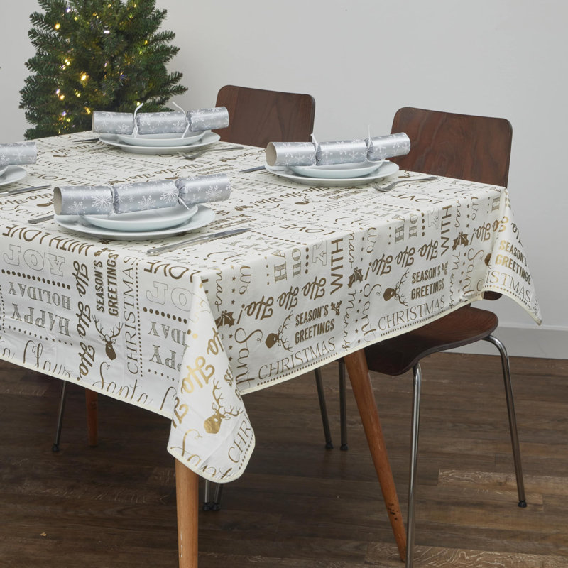 PVC Tablecloth 52x70in - Joyful Holiday Expressions Gold - Adds Elegance to your Holiday Decor, 52cm W x 228cm L