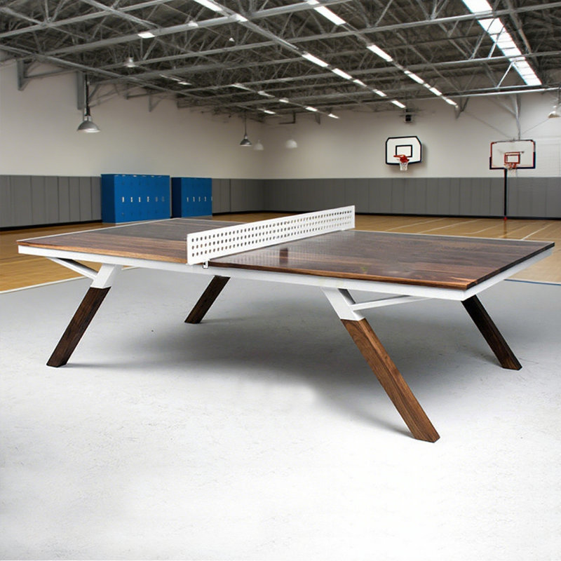 Table de ping-pong brune et blanche en bois massif et fer