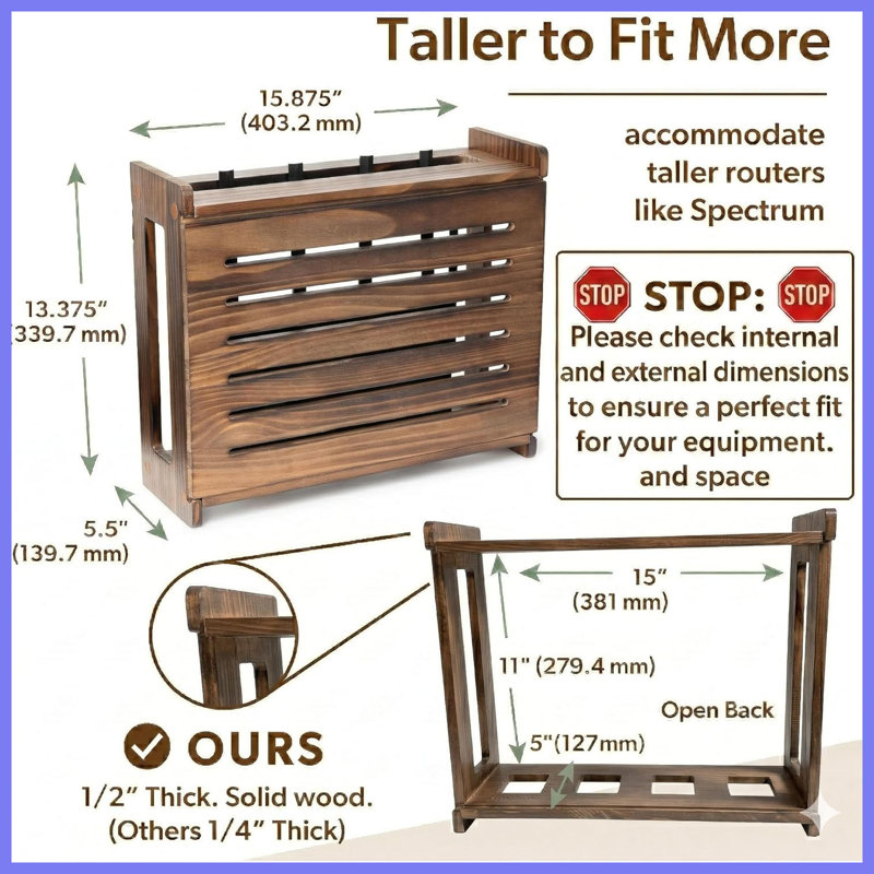 WiFi Router Storage Cabinet Dark Oak Pine Wood, Wall Mount Desktop Router Cover Shelf for Up To 11 Inch Routers