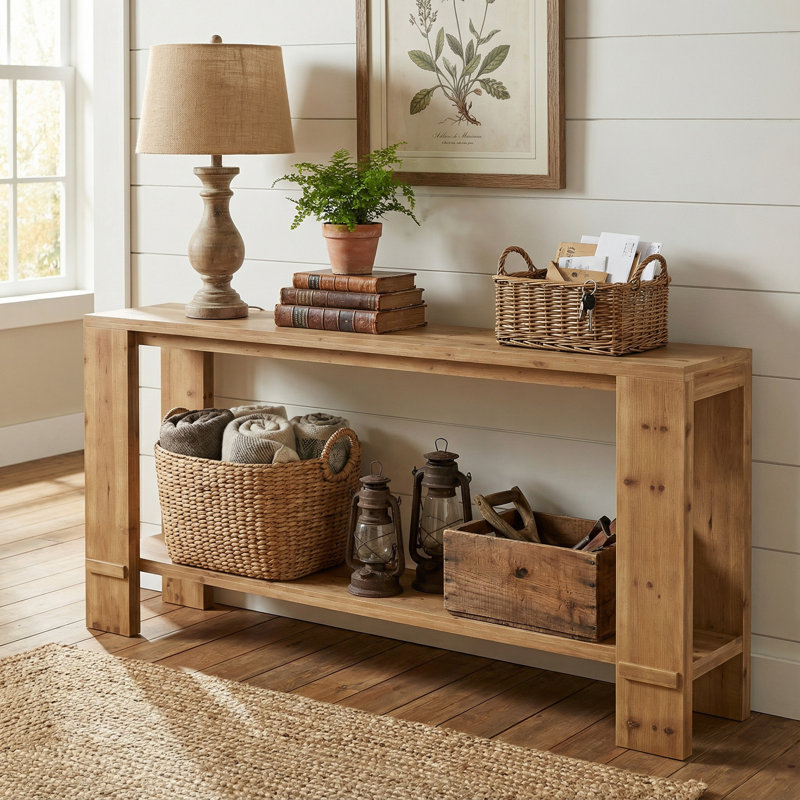 Console en bois massif 70,87 po, canapé de style campagnard étroit avec double rangement pour l'entrée, le couloir et le salon, brun chêne clair
