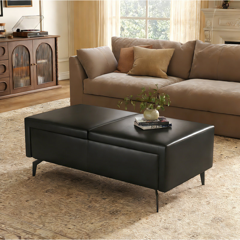 Black Faux Leather Ottoman with Storage, 17.72" H x 47.2" W x 24.4" D, Black Faux Leather