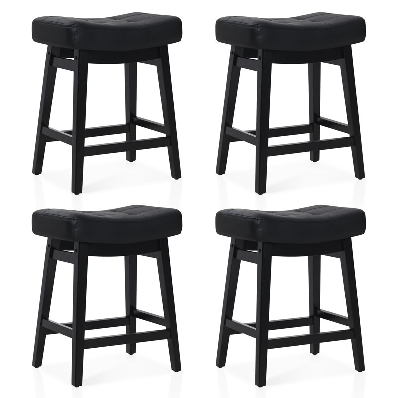Upholstered Counter Stool with Solid Wood Frame, PU-Black Seat/Black Frame