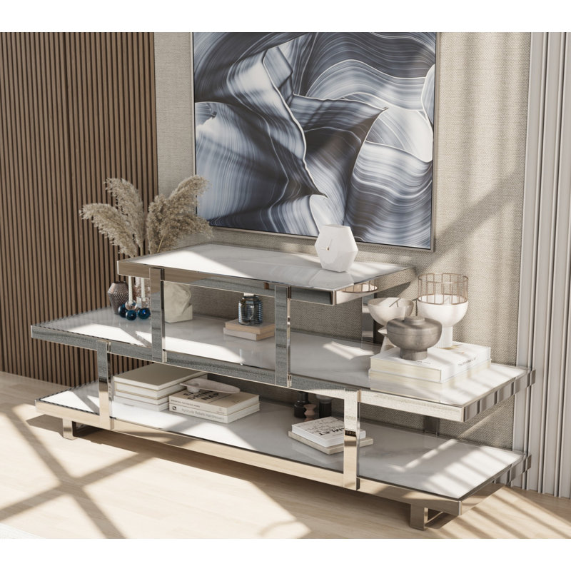 60" Glass TV Stand With Mirrored Base, 3-Tier, Silver/White