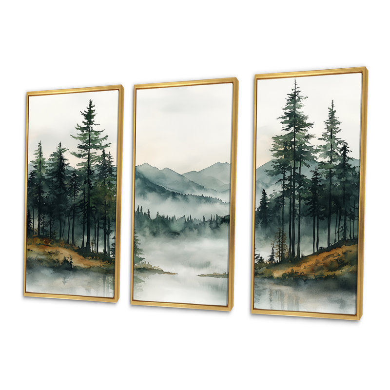 «Green Pine Trees Mist Morning I», ensemble d'art mural pin, Toile avec cadre flottant or, H 32 po x l 48 po x P 1 po