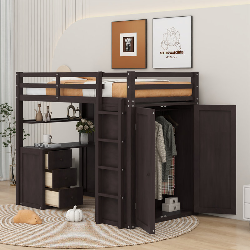 Javers Kids Twin Loft Bed with Drawers, Espresso