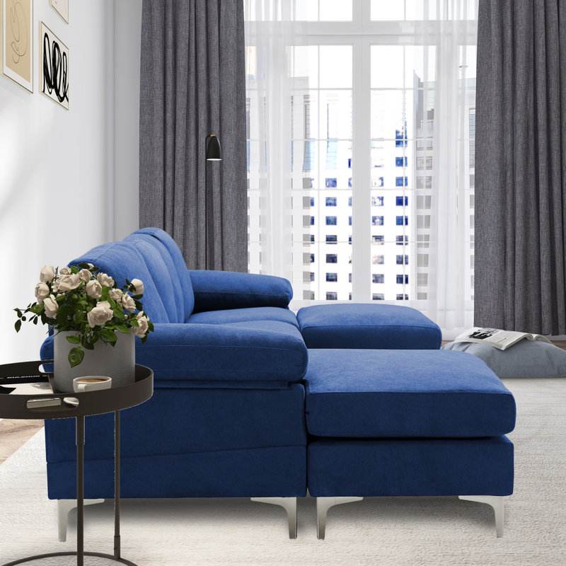 Canapé modulaire réversible avec repose-pieds Landover, Mélange de polyester bleu marine