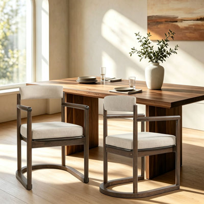 Ensemble de 2 fauteuils de réception rembourrés, chaises de salle à manger modernes avec structure courbée en bois d'hévéa massif, siège et dossier rembourrés en tissu beige, chaises d'appoint pour le bureau de la salle à manger
