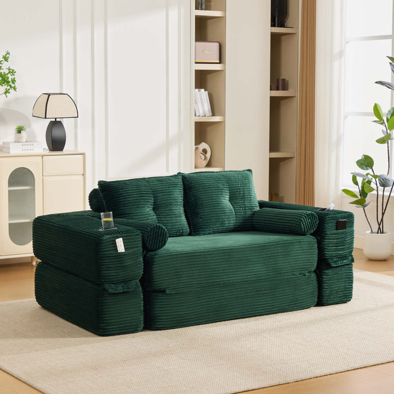 Canapé-lit compact avec des appuis-tête ajustables et des poches de rangement, Velours côtelé émeraude