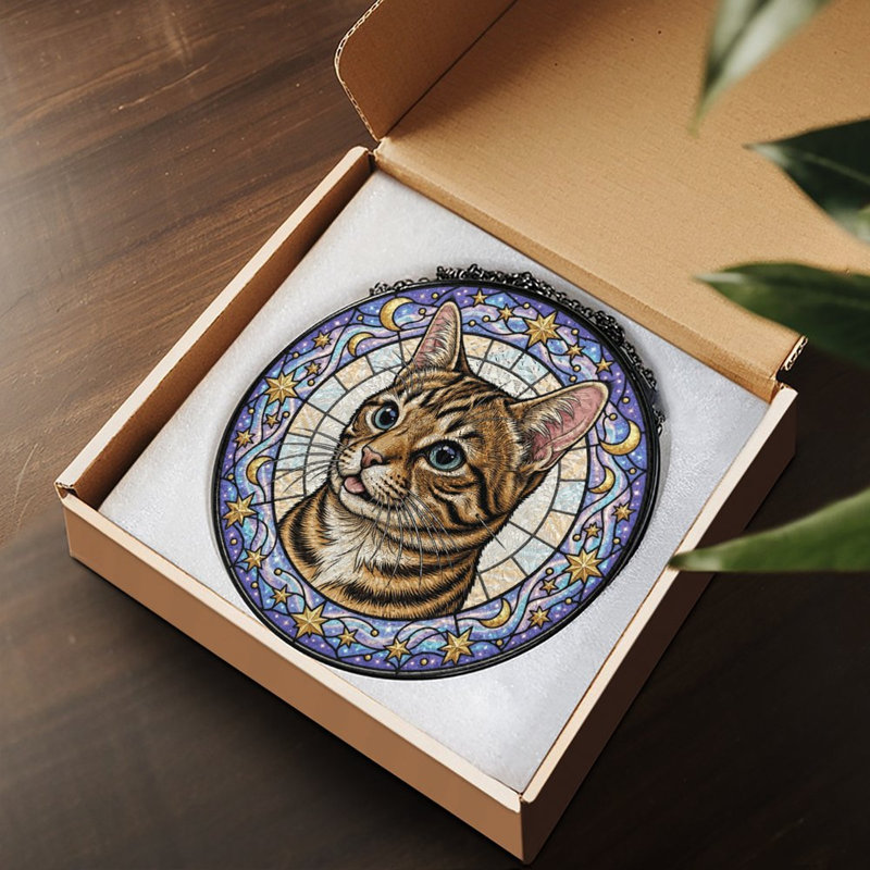 Panneau de vitrail Tabby Cat, 7,8 x 7,8 po (20 x 20 cm)