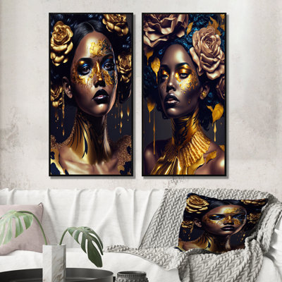 «Gold and Black Floral Woman V», 2 pièces sur toile