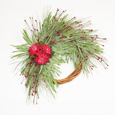 26" Artificial Farmhouse Dahlia Greenery Frozon Grass Red Berries Winter Christmas Floral Wreath For Front Door Xmas Holidays Decor