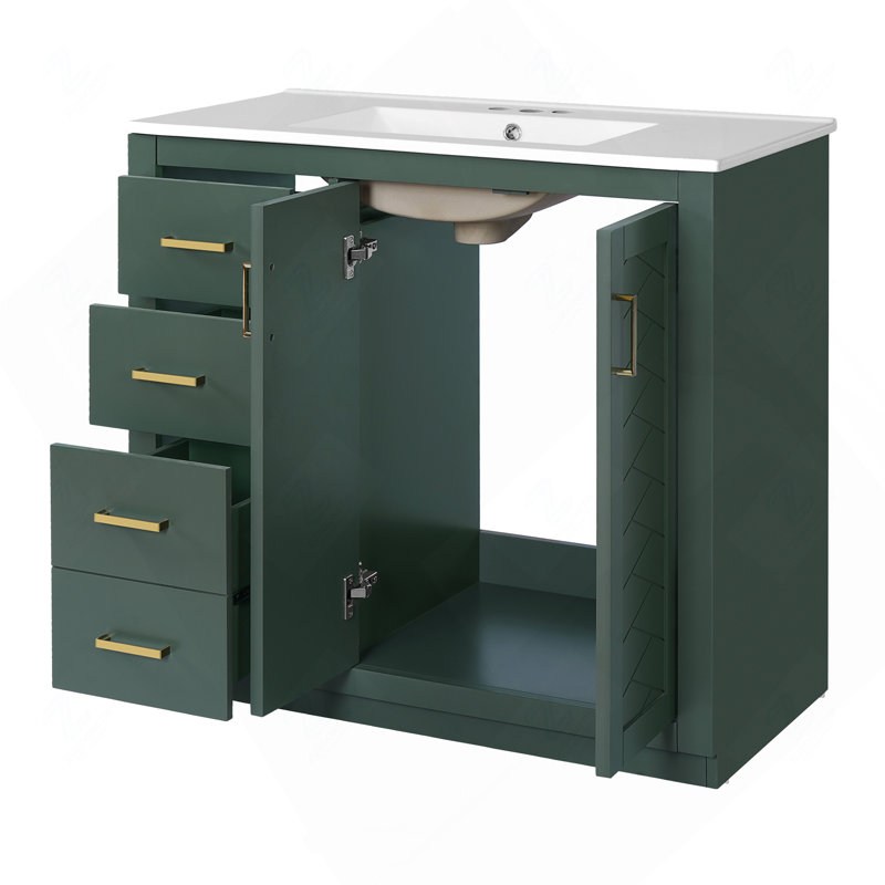 Ensemble de meuble-lavabo 36 po avec lavabo en céramique, armoire de rangement en bois massif, ensemble de meuble-lavabo autoportant avec 3 tiroirs et portes à fermeture douce
