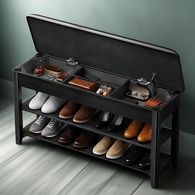 Solid Rubberwood Shoe Bench With Storage, 2-Tier Shoe Rack For Entryway, Hidden Compartment With Stay-Open Hinge, Cushioned Seat, 550 Lb Capacity, 39.4 Inch