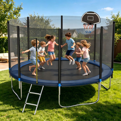 10FT Trampoline with Safety Enclosure Net and Basketball Hoop, Outdoor Backyard Trampoline for Kids & Adults – Recreational Fun
