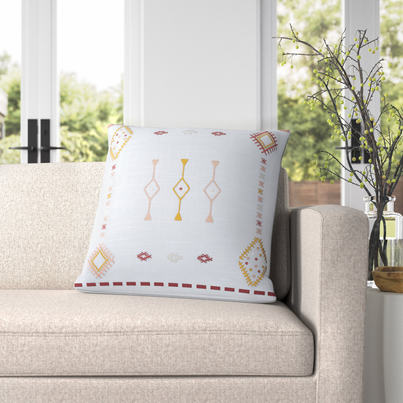 Gwyn Embroidered Cotton Pillow Cover, 20" x 20", Pale Blue/Mustard/Dusty Pink