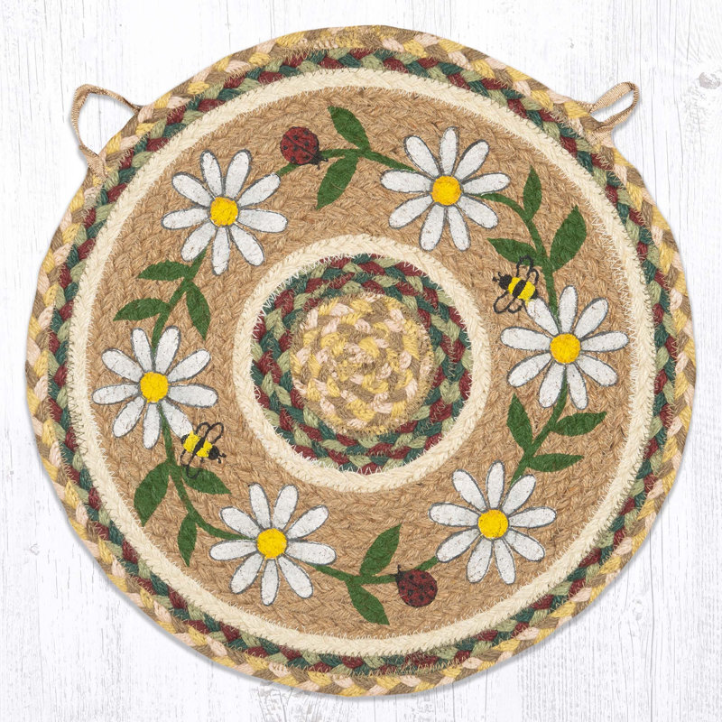  Daisy Round Braided Jute Chair Pad Floral Handcrafted Rustic Accent 15.5" H, Daisy Round