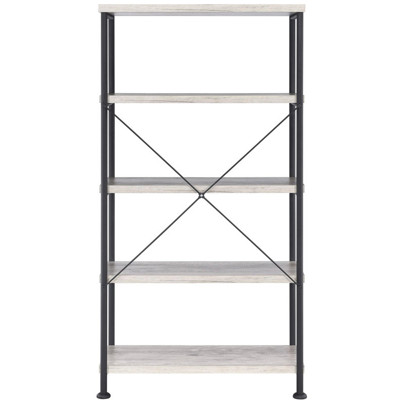 Bibliothèque moderne rustique à 4 tablettes en bois de grève gris, idéale pour le bureau à domicile et le salon.