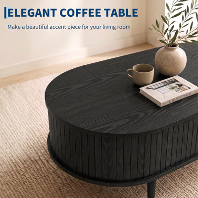 47.2" Oval Lift Top Coffee Table with Hidden Storage, Walnut Fluted Mid-Century Design & Sturdy Metal Legs for Living Room