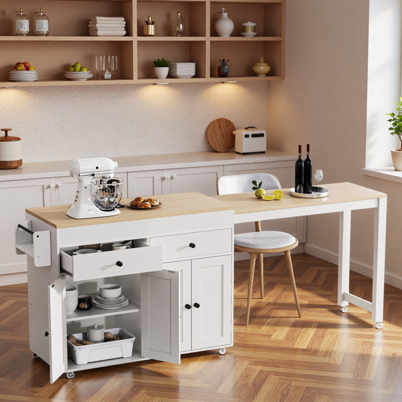 Rolling Kitchen Island With Extendable Dining Table, Spice Rack, 2 Drawers, 4 Door Cabinet And Wheels, White
