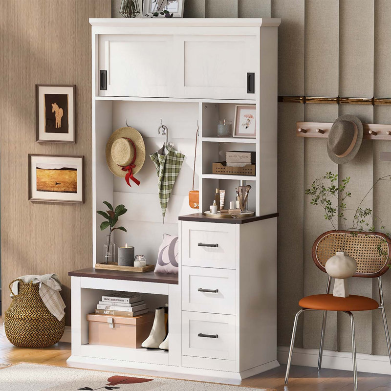 Wood Hall Tree for Organized Storage and Seating,Ideal for Hallway and Living Room Storage