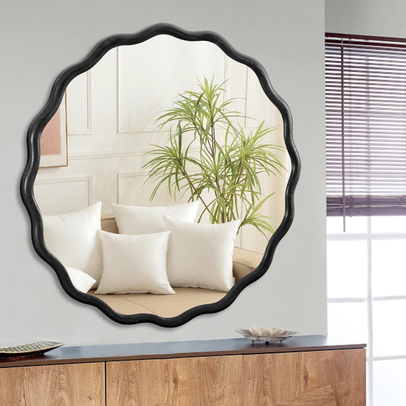 " natural wood wavy vanity mirror | modern wall decor for bathroom, bedroom, living room, dining room, cloakroom & entryway