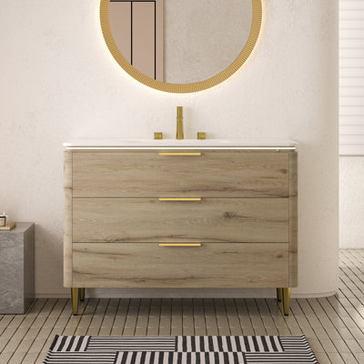 Meuble-lavabo et évier de salle de bain, armoire de rangement autoportante à contreplaqué à rebords courbés, tiroirs, lavabo intégré en pierre frittée blanc de Carrare, pré-assemblé