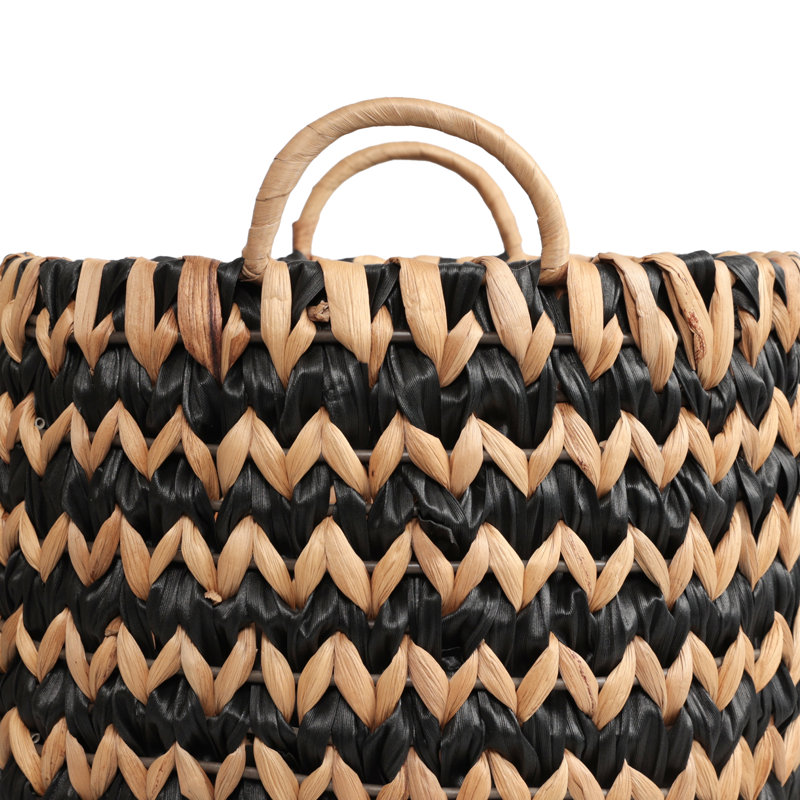 Cassia Coastal Farmhouse Handwoven Two-Tone Water Hyacinth Nesting Storage Baskets with Handles (Set of 3), Black/Natural