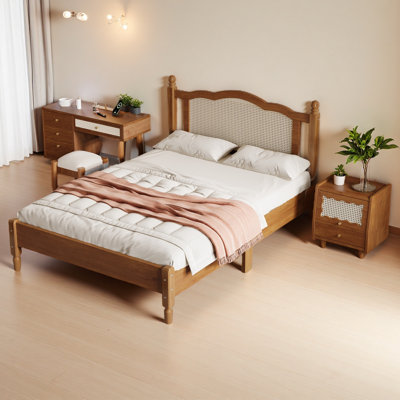 Ensemble de chambre à coucher 3 pièces avec cadre de lit en bois pleine grandeur, 1 table de chevet rétro et 1 coiffeuse de maquillage avec tabouret