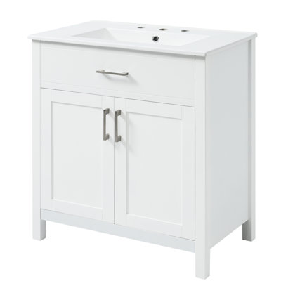 30-Inch Black Bathroom Vanity With Ceramic Basin And Copious Storage Spaces. Made Dependable Solid Wood. Provides Useful Shelves Drawer. Elegant Design. Soft Close Functionality Abundant Storage.