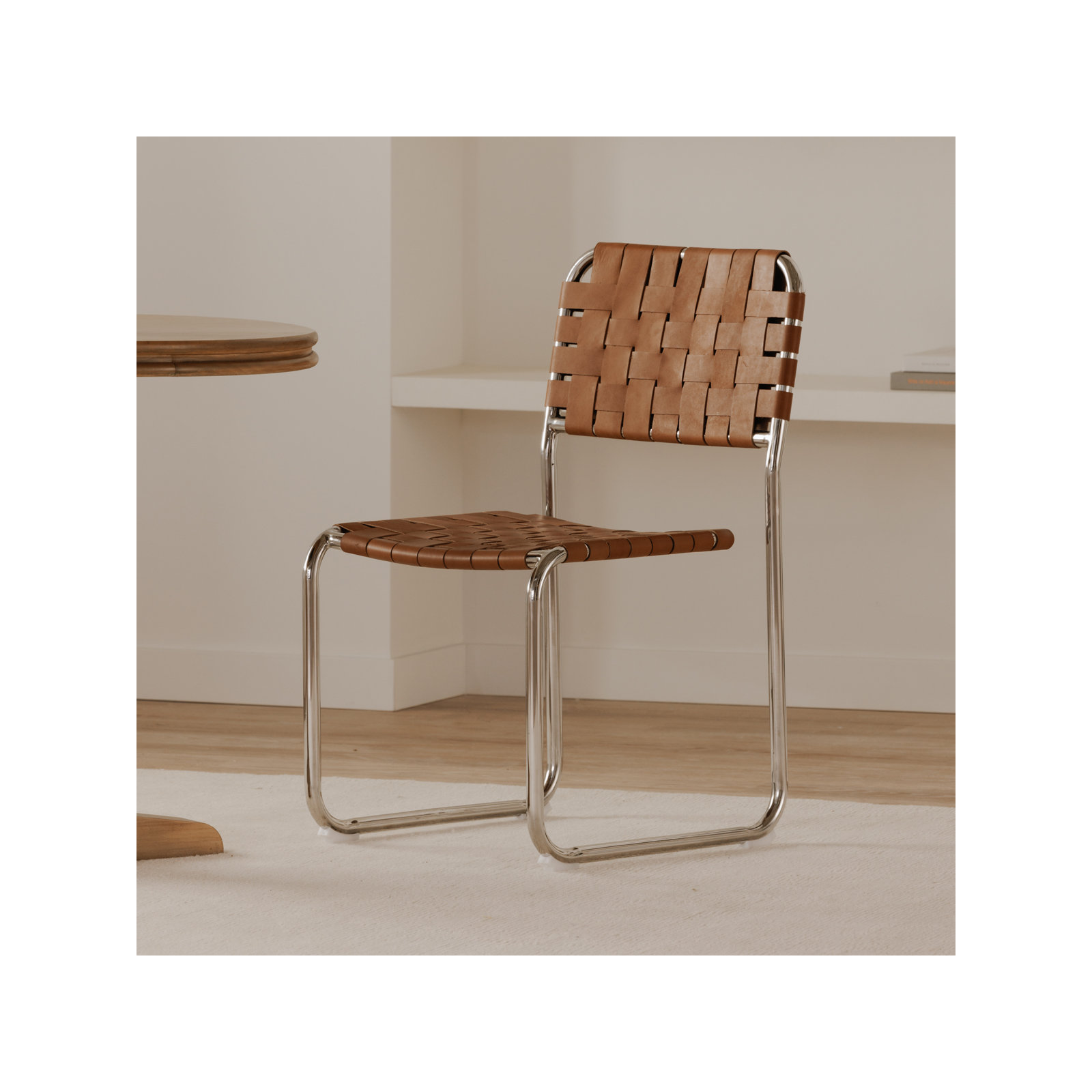 Bailee Woven Leather Cantilever Dining Chair, Brown Top Grain Leather, Silver