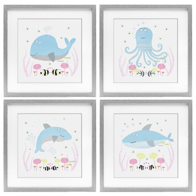 Floral Baby Sea Creatures 4pc Framed Print Under Glass Set, design by Carla Daly