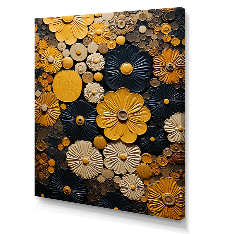 Fleurs jaunes, poterie sur toile, Toile tendue, H 40 po x l 30 po x P 1,5 po