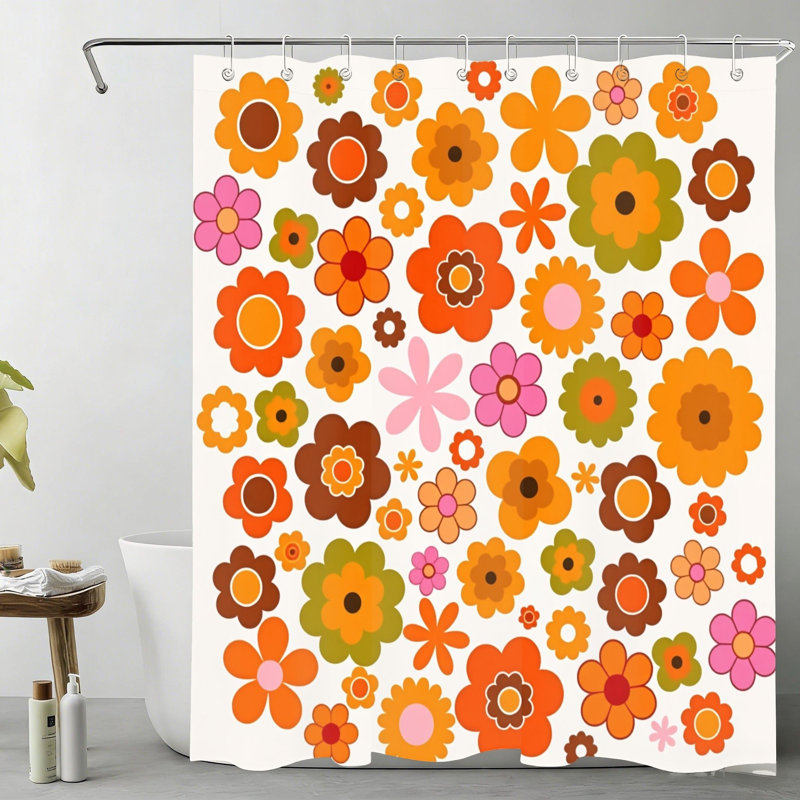 Rideau de bain rétro à imprimé floral avec crochets, 72 po x 72 po (180 x 180 cm), orange