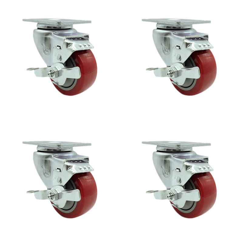 Roulettes pivotantes en polyuréthane avec frein, Rouge