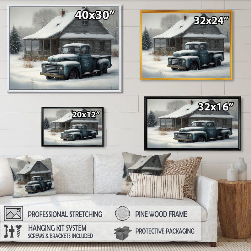 «Old Truck at the Barn in Winter IV», peinture sur toile, Toile avec cadre flottant noir, H 12 po x l 20 po x P 1 po